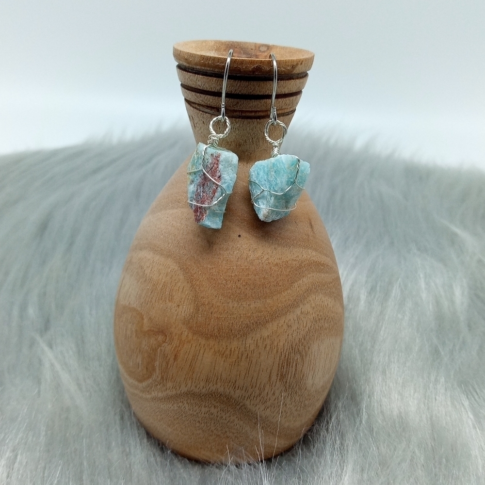 NEW Natural Aqua Stone Wire Wrapped Earrings
